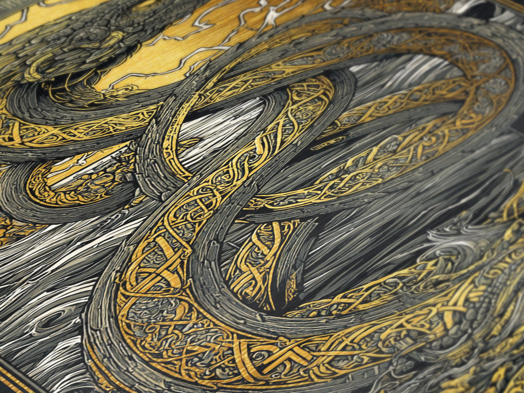 Nordic Mythology Jrmungandr Serpent Metallic Gold Art Metal Art | Viking Decor | Man Cave Gift framed in rustic wood