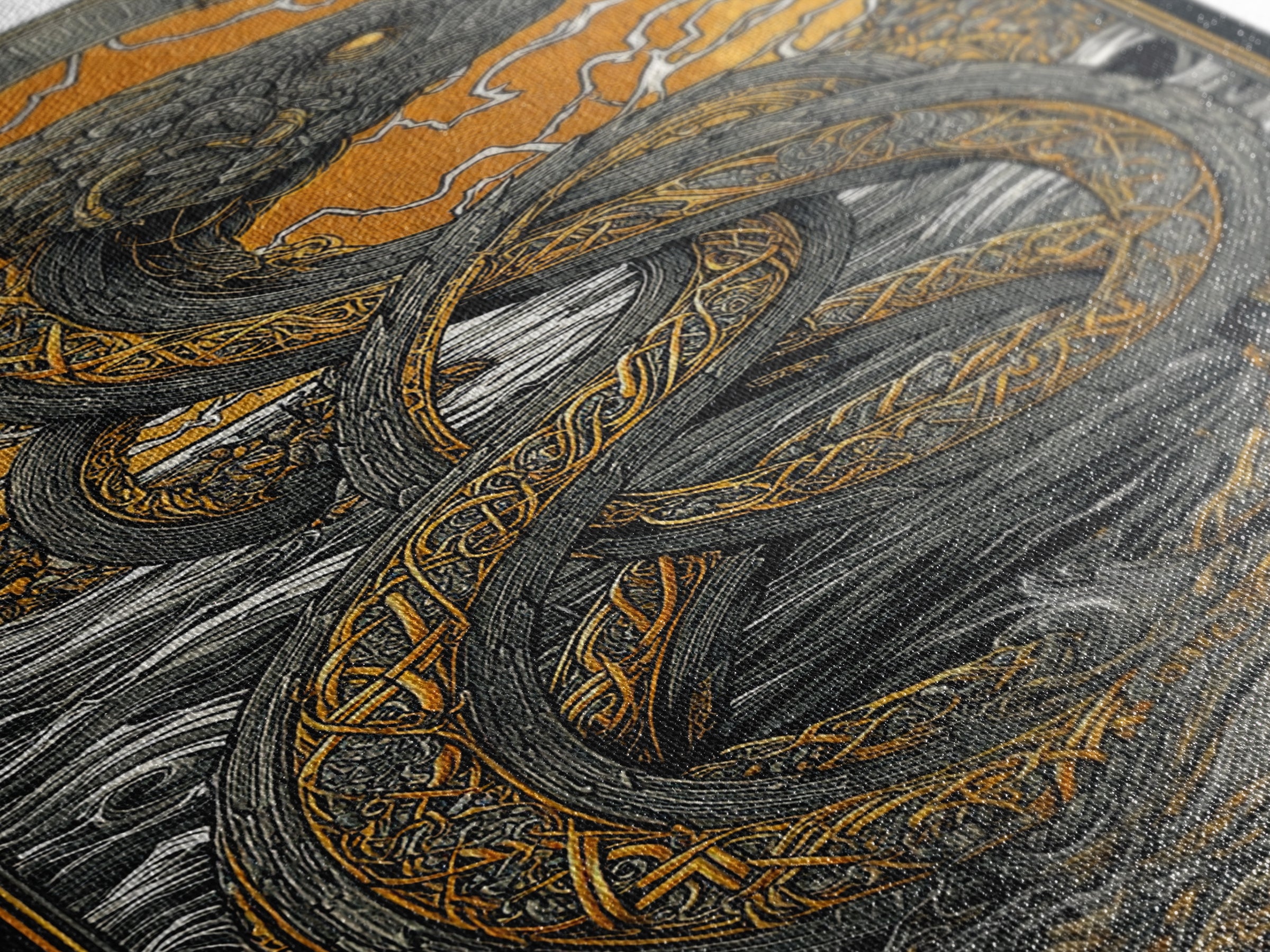 Nordic Mythology Jrmungandr Serpent Canvas Gold Art Canvas Art | Viking Decor | Man Cave Gift framed in rustic wood