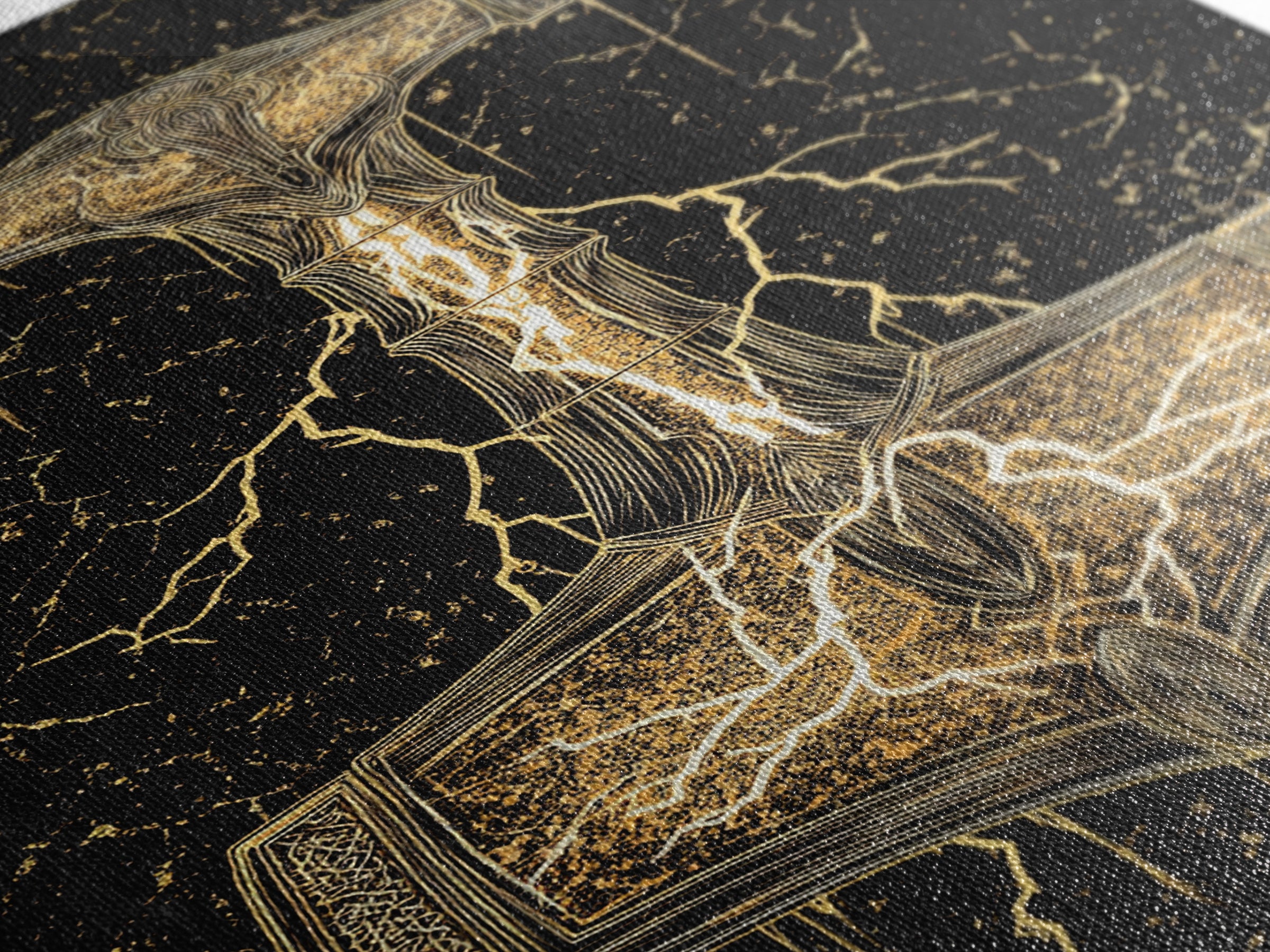 Thor’s Hammer Mjolnir Norse Mythology Canvas Gold Art, Viking Canvas Art with Lightning, framed in natural real wood for office décor