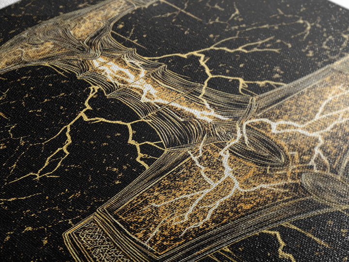 Thor’s Hammer Mjolnir Norse Mythology Canvas Gold Art, Viking Canvas Art with Lightning, framed in natural real wood for office décor