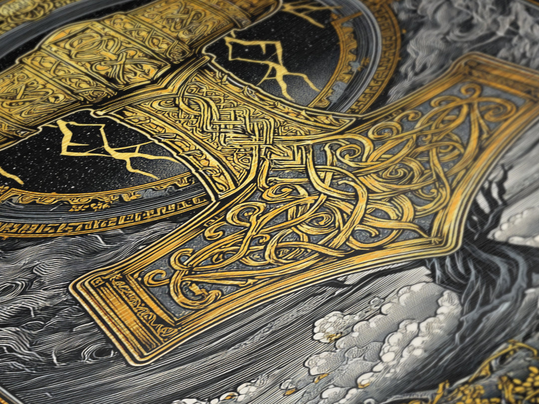 Norse Mythology Mjolnir Hammer Artwork, Metallic Gold Art and Viking Metal Art, framed in real wood, Nordic office and dad gift décor