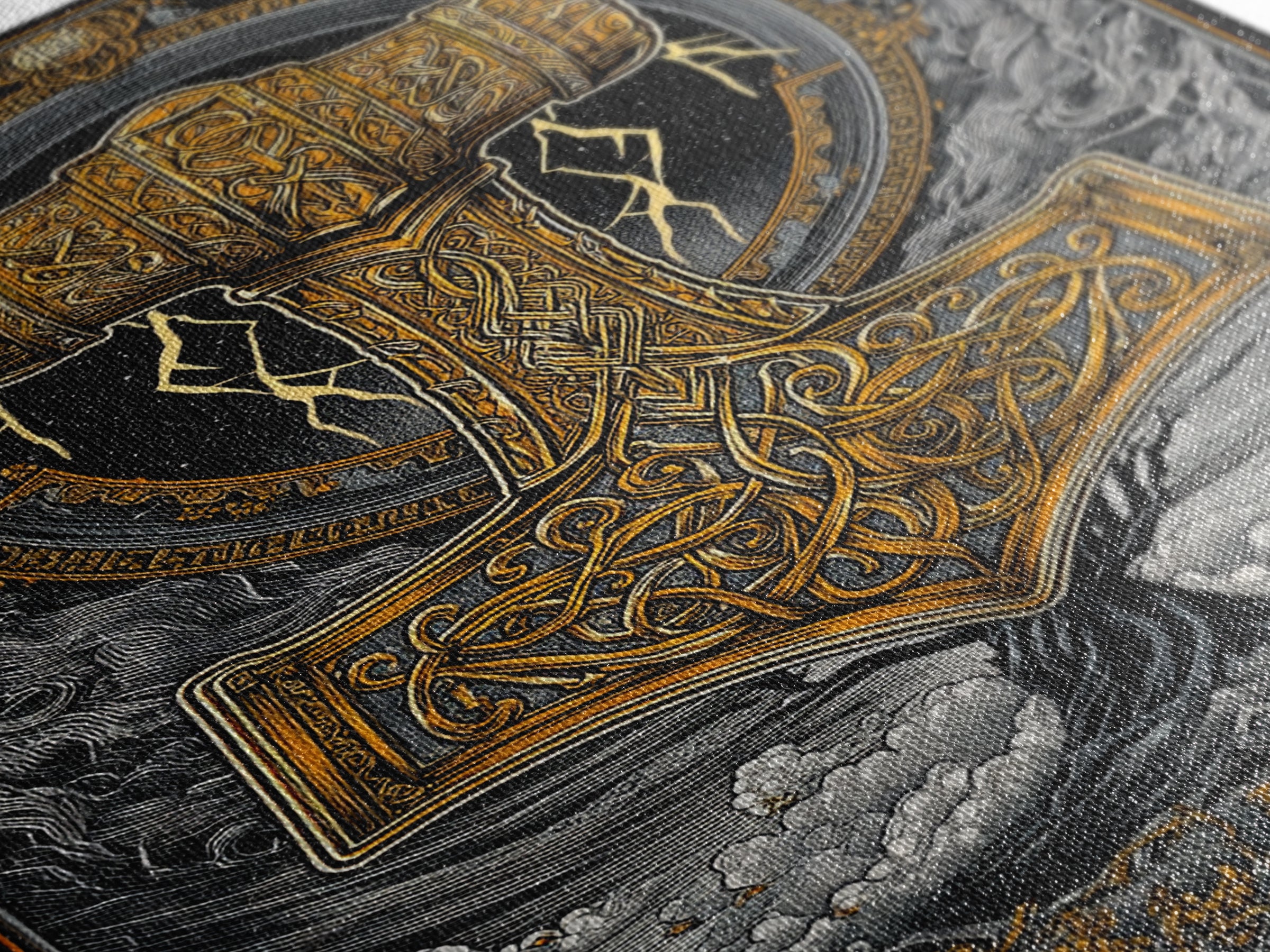 Norse Mythology Mjolnir Hammer Artwork, Canvas Gold Art and Viking Canvas Art, framed in real wood, Nordic office and dad gift décor