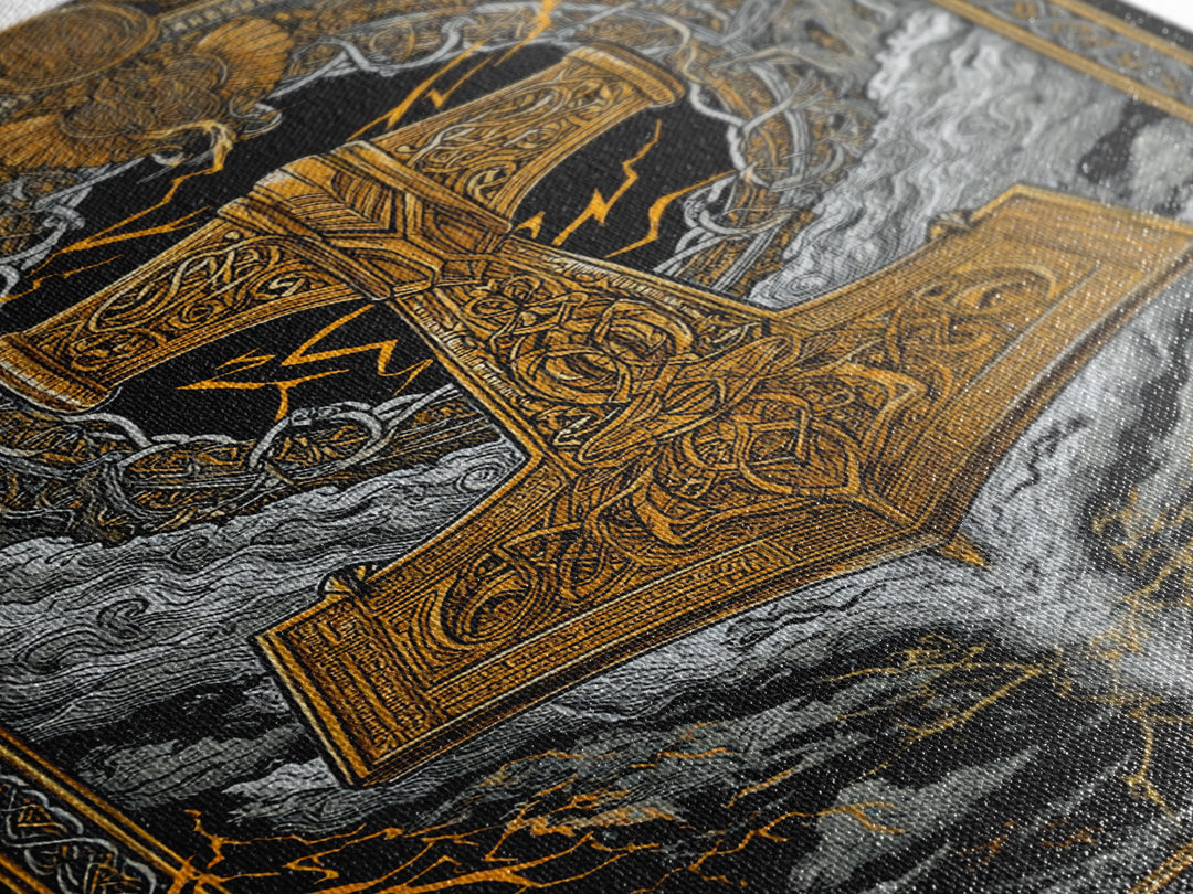 Viking Thor’s Hammer Mjolnir Wall Art, Canvas Gold Art and Canvas Art, Norse Mythology inspired office décor framed in solid wood
