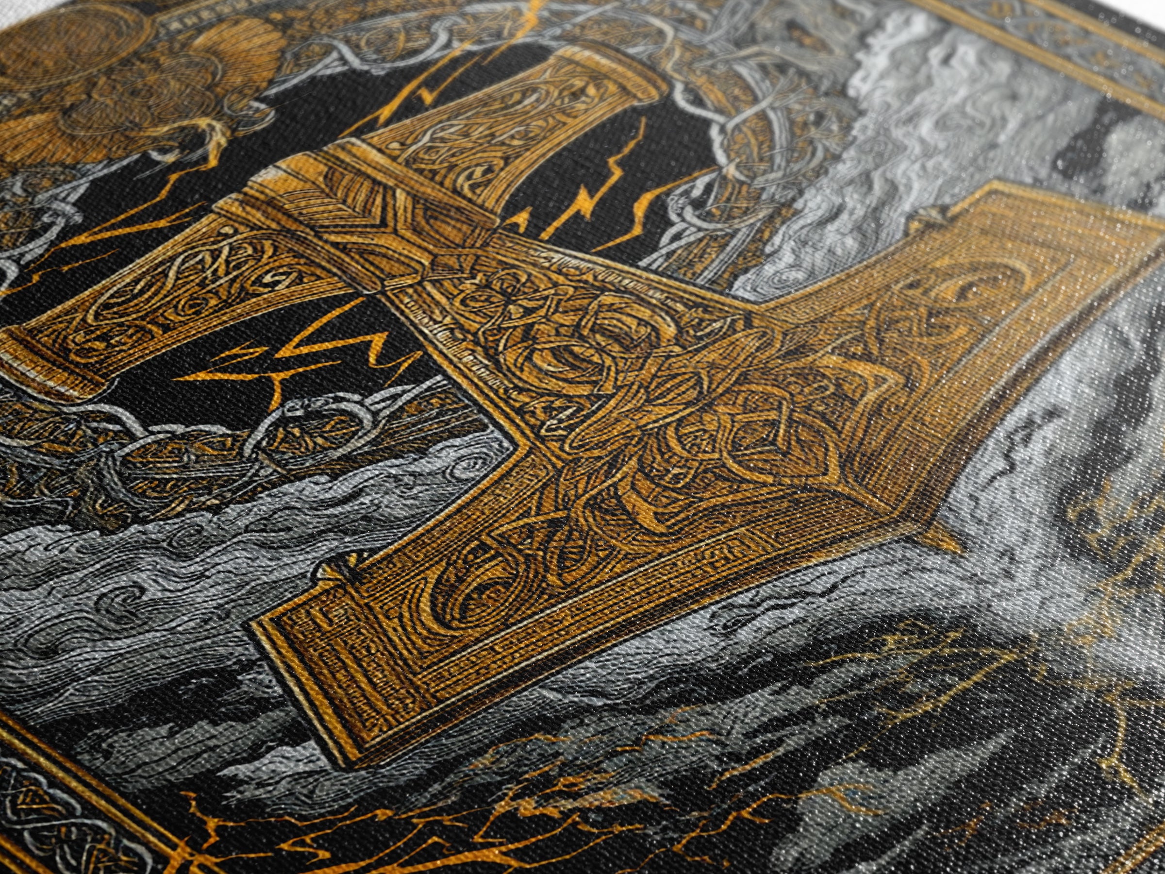 Viking Thor’s Hammer Mjolnir Wall Art, Canvas Gold Art and Canvas Art, Norse Mythology inspired office décor framed in solid wood