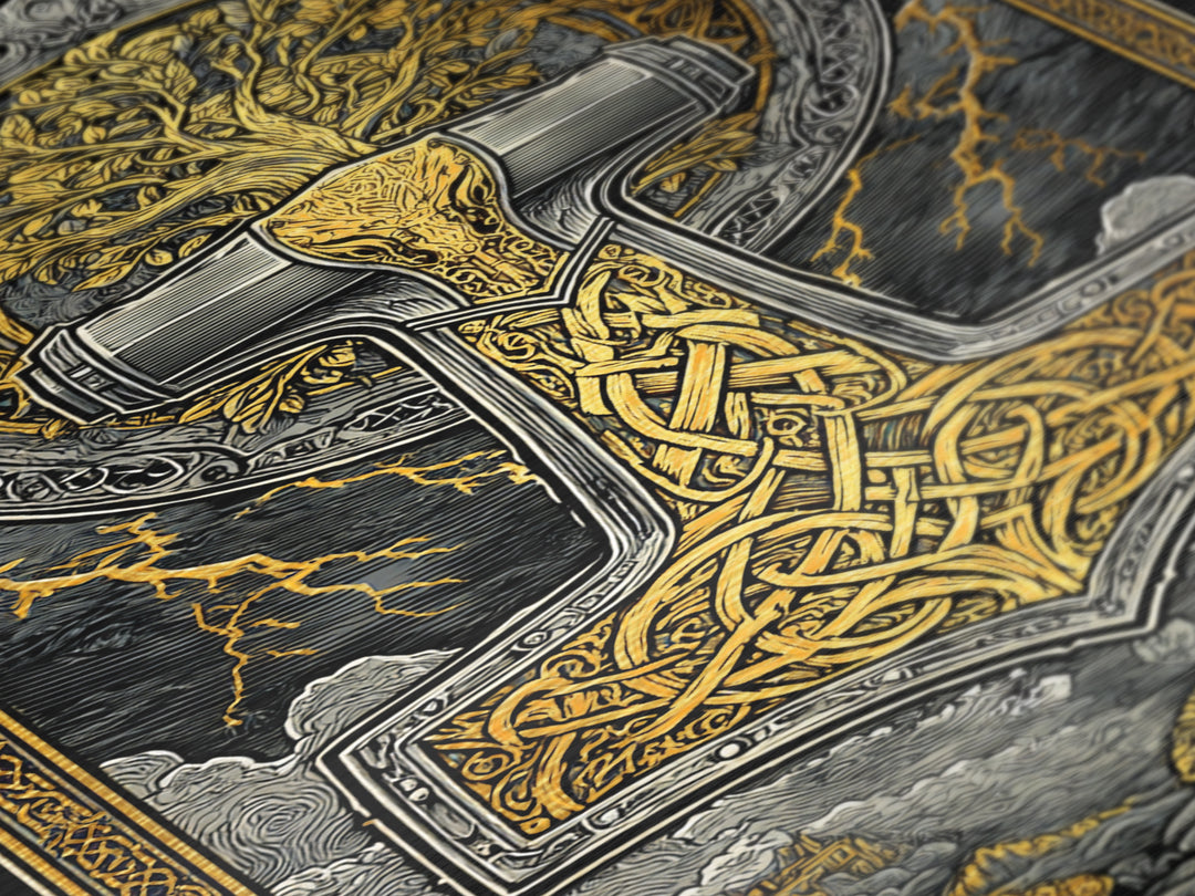 Metallic Gold Art featuring Mjolnir, Thor’s Hammer of Norse Mythology, Viking Metal Art framed in natural wood for man cave or office
