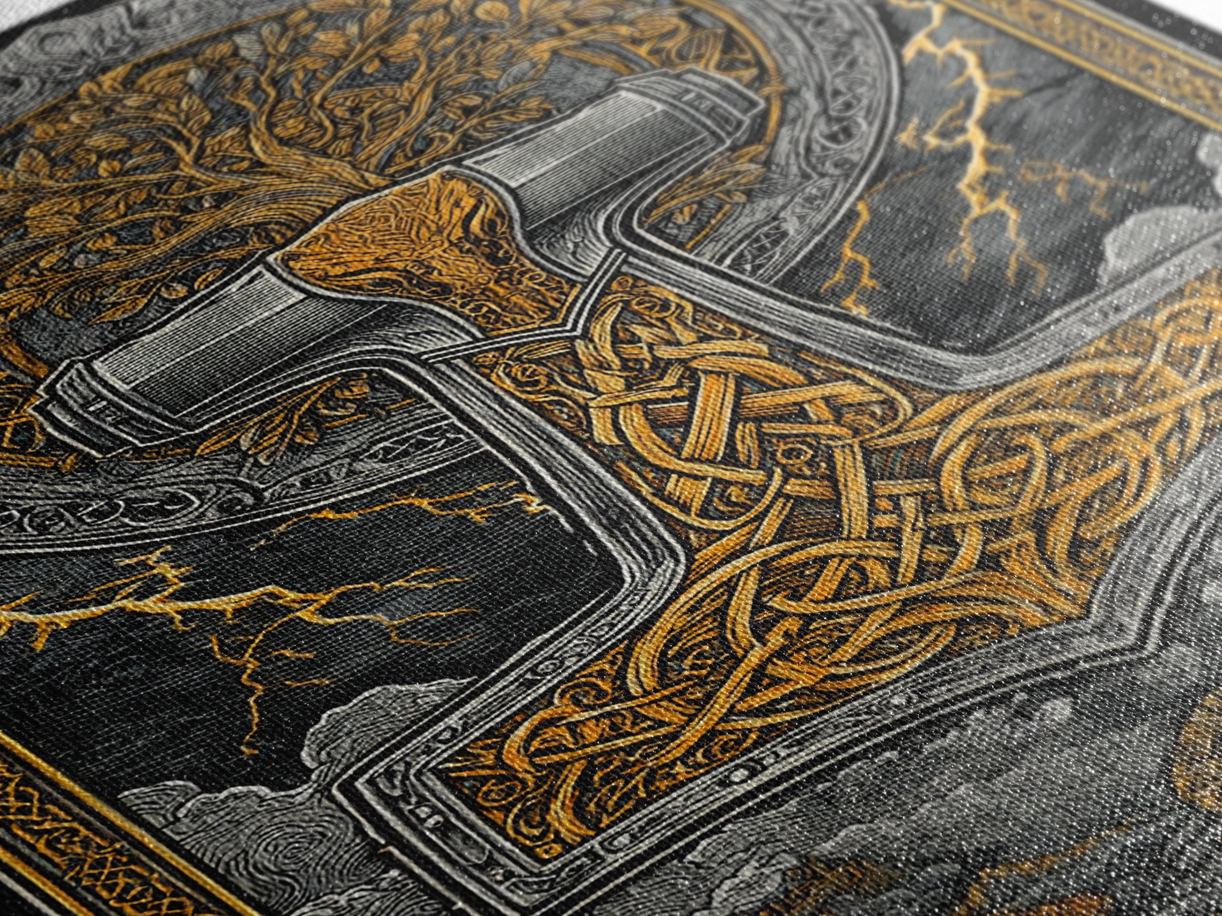 Canvas Gold Art featuring Mjolnir, Thor’s Hammer of Norse Mythology, Viking Canvas Art framed in natural wood for man cave or office