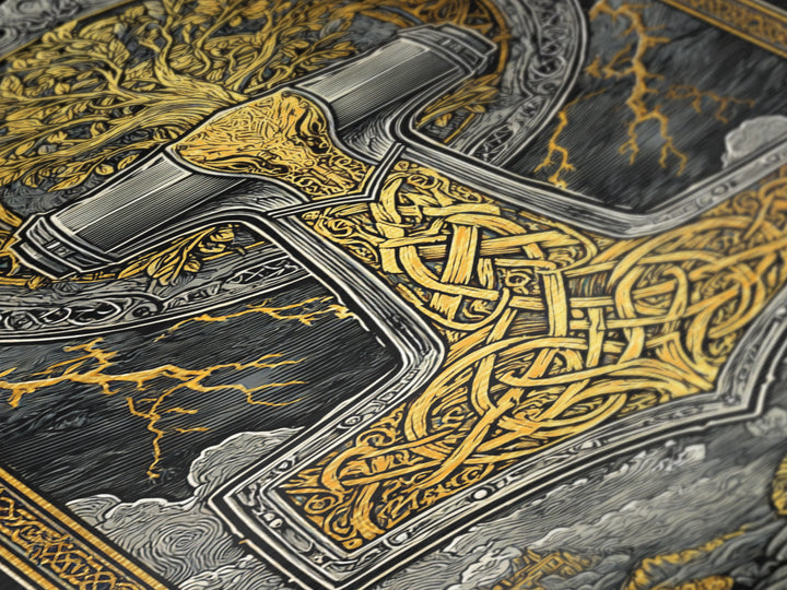 Metallic Gold Art featuring Mjolnir, Thor’s Hammer of Norse Mythology, Viking Metal Art framed in natural wood for man cave or office
