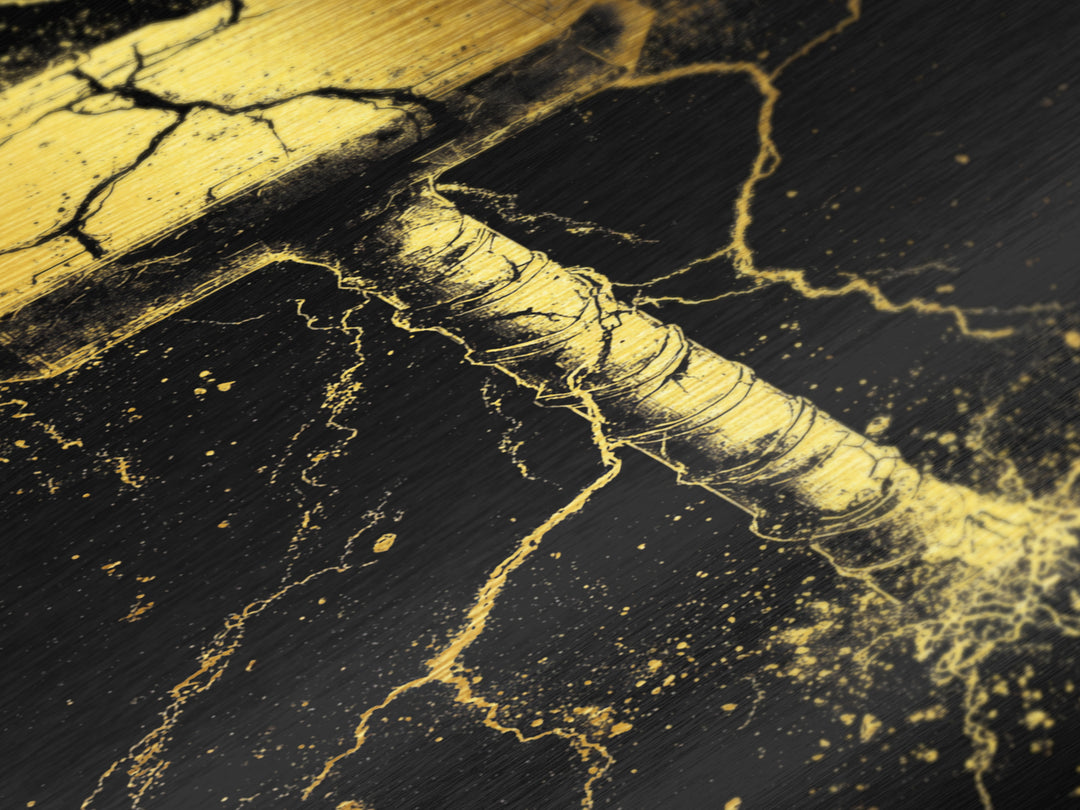 Thor’s Mjolnir Metallic Gold Art, Viking Metal Art from Norse Mythology, framed in real wood, striking office wall art and man cave gift