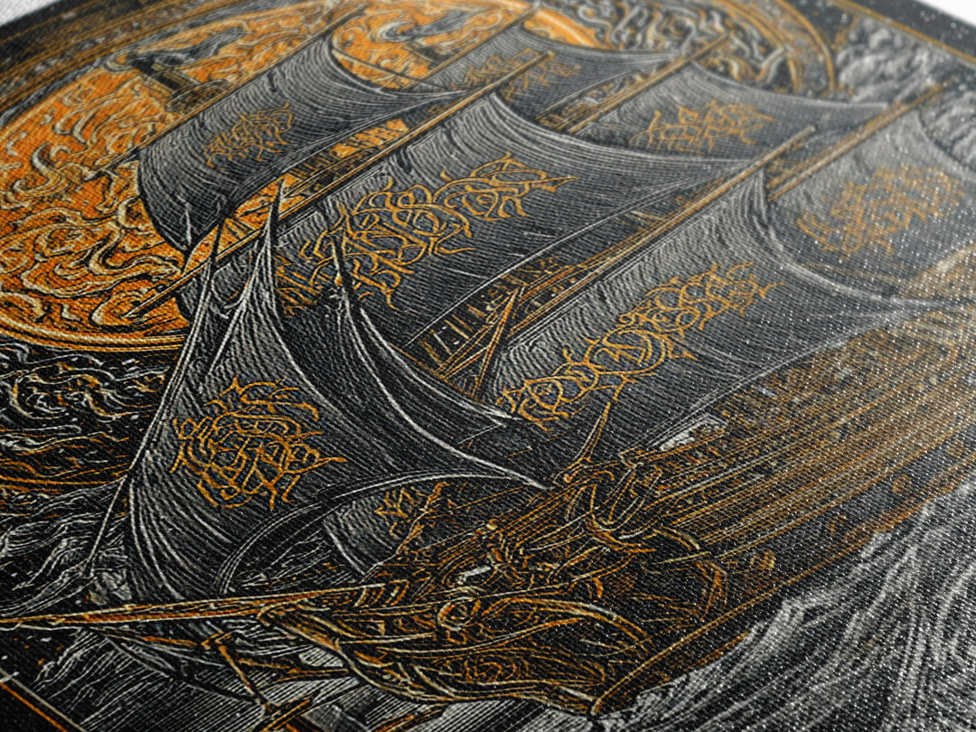 Viking Naglfar Ship Wall Art, Canvas Gold Art and Norse Canvas Art, Nordic Mythology scene framed in real wood for office or dad décor