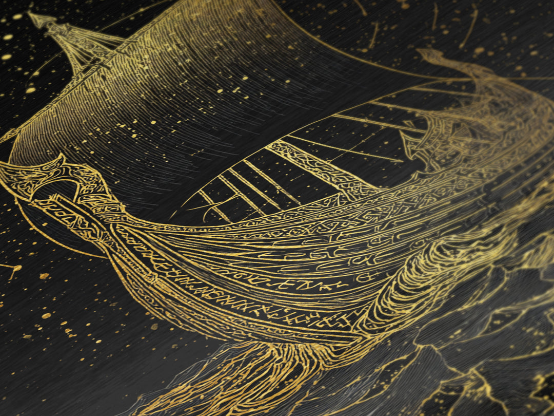 Norse Naglfar Viking Ship Artwork, Metallic Gold Art and Metal Art, Nordic Mythology wall décor framed in real wood, unique dad gift
