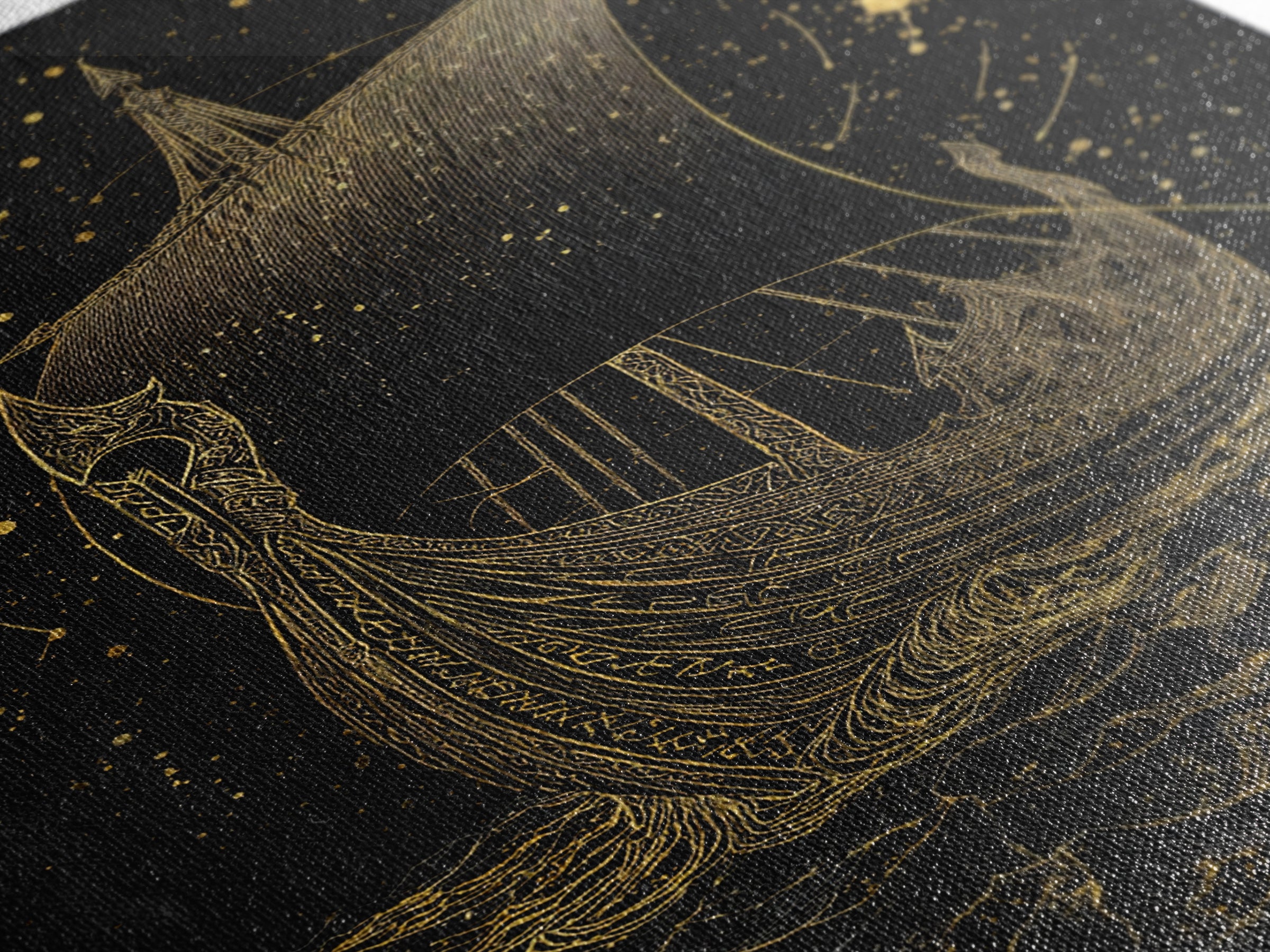 Norse Naglfar Viking Ship Artwork, Canvas Gold Art and Canvas Art, Nordic Mythology wall décor framed in real wood, unique dad gift