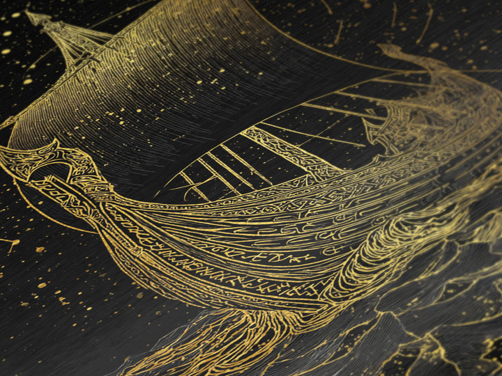 Norse Naglfar Viking Ship Artwork, Metallic Gold Art and Metal Art, Nordic Mythology wall décor framed in real wood, unique dad gift