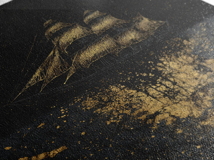 Canvas Gold Art of the Ship Naglfar, Viking Mythology Canvas Art, Norse legend inspired décor framed in natural wood for man cave wall