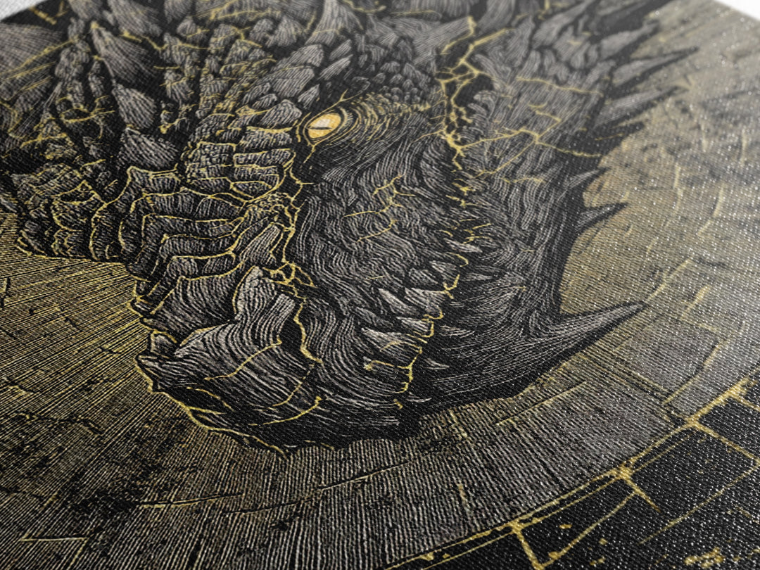 Canvas Gold Art of Nidhogg Dragon Head, Norse Mythology Canvas Art for Man Cave or Office, Viking Wall Decor framed in natural wood