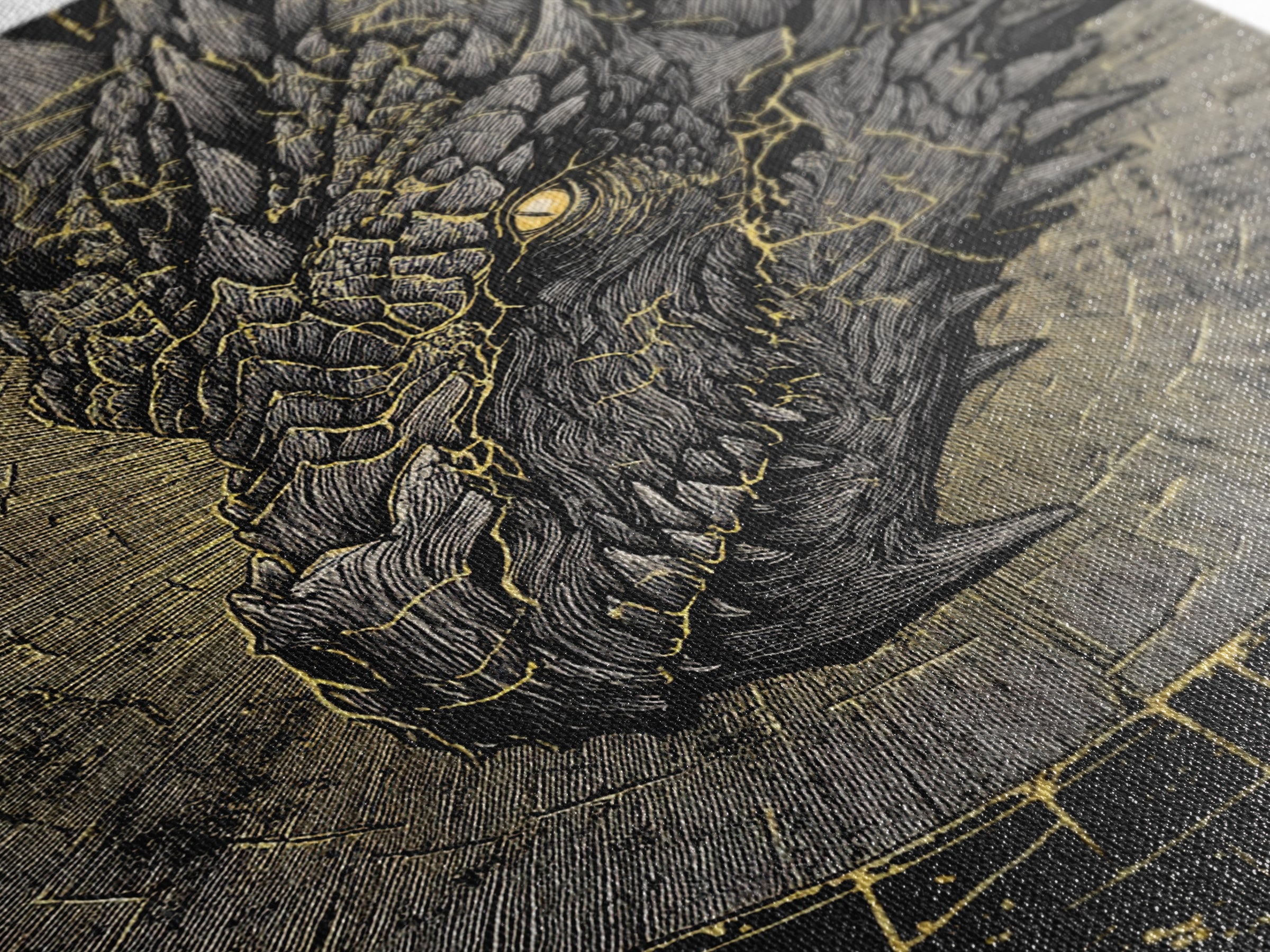 Canvas Gold Art of Nidhogg Dragon Head, Norse Mythology Canvas Art for Man Cave or Office, Viking Wall Decor framed in natural wood