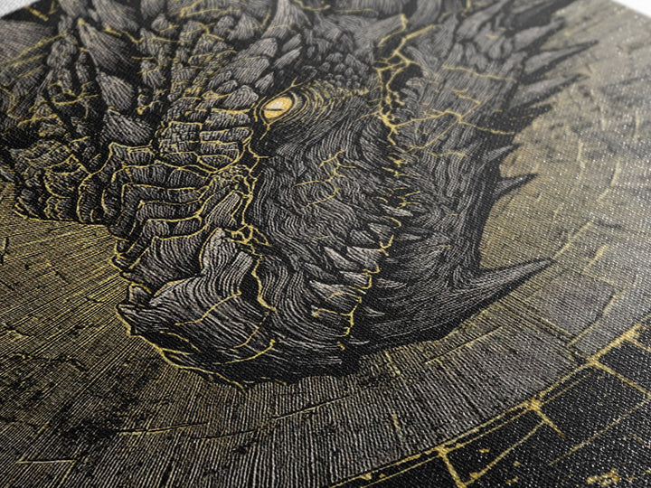 Canvas Gold Art of Nidhogg Dragon Head, Norse Mythology Canvas Art for Man Cave or Office, Viking Wall Decor framed in natural wood