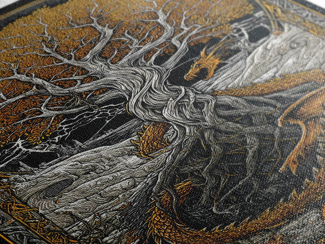 Yggdrasil World Tree Canvas Gold Art, Norse Mythology Canvas Art with Nidhogg Dragon, Viking Wall Decor framed in Real Wood