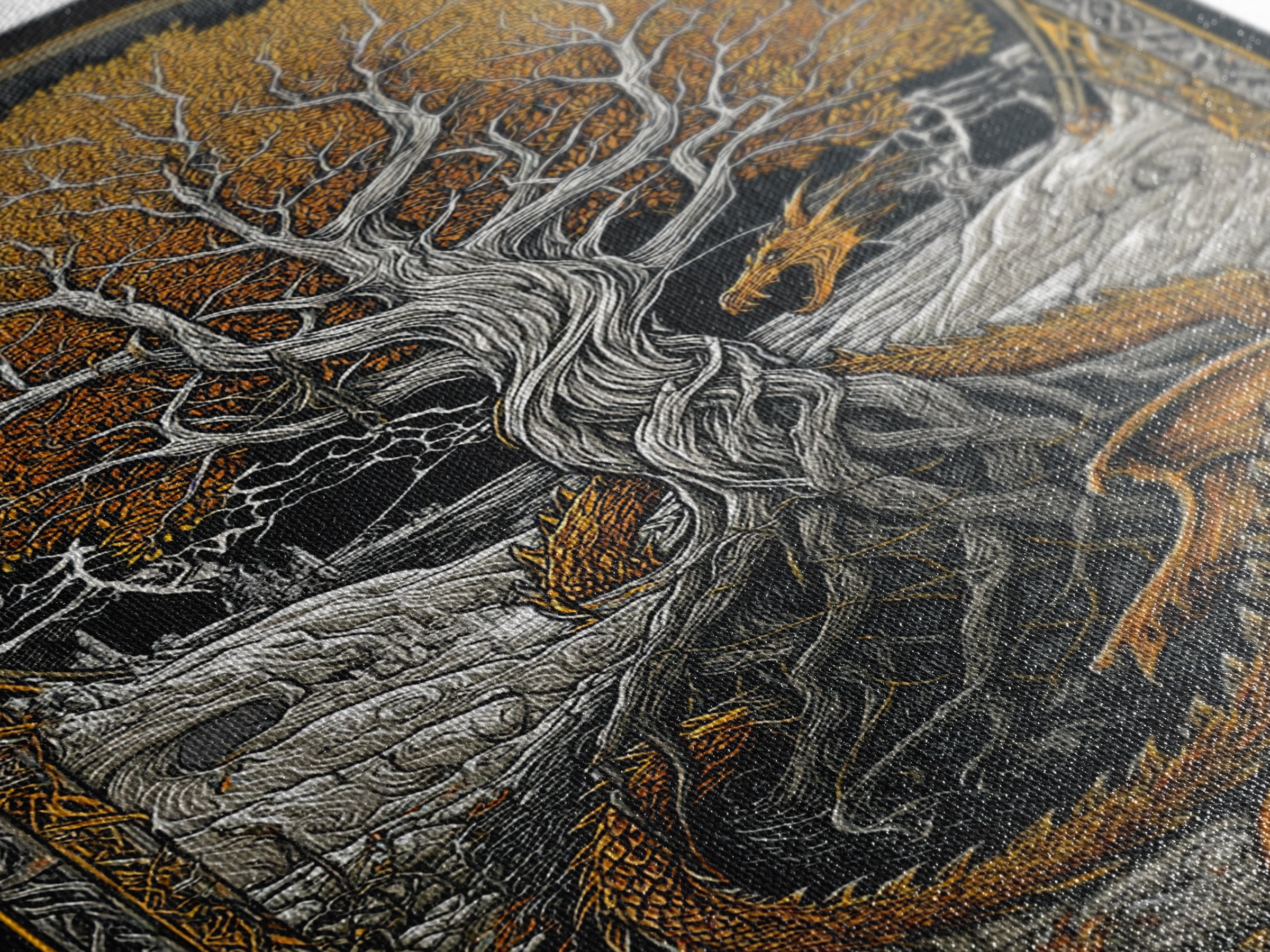 Yggdrasil World Tree Canvas Gold Art, Norse Mythology Canvas Art with Nidhogg Dragon, Viking Wall Decor framed in Real Wood