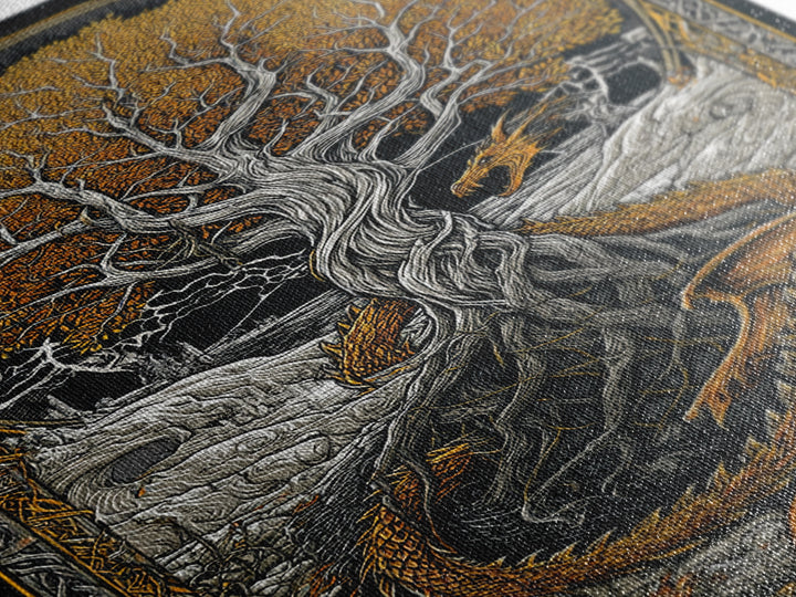 Yggdrasil World Tree Canvas Gold Art, Norse Mythology Canvas Art with Nidhogg Dragon, Viking Wall Decor framed in Real Wood
