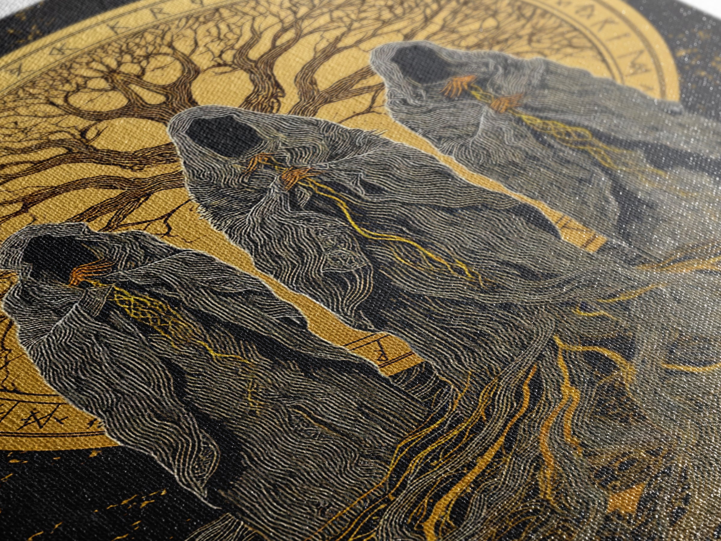 Norns Canvas Gold Art, Norse Mythology Canvas Art of Fate Weavers with Yggdrasil, Viking Office Decor beautifully framed in real wood