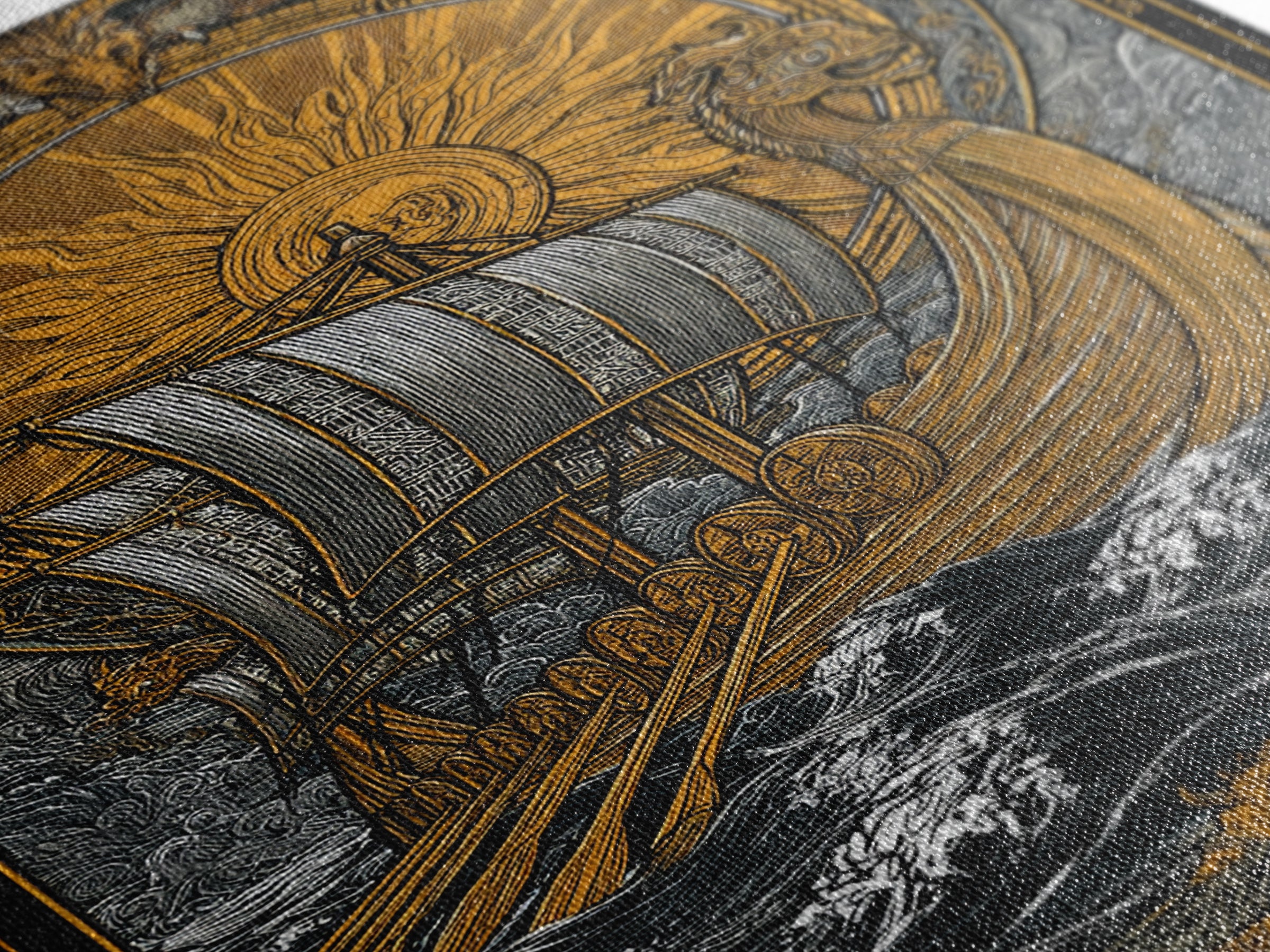 Nordic Sun Viking Ship Canvas Gold Art Canvas Art Norse Mythology Wall Art for Men’s Office or Dad Gift with wood frame