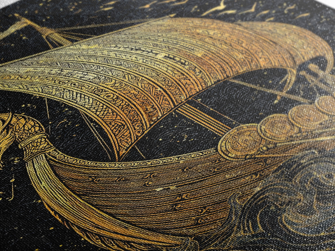 Dragon Head Viking Longship Canvas Gold Art Canvas Art Norse Decor for Man Cave, Office Wall Art framed in real wood