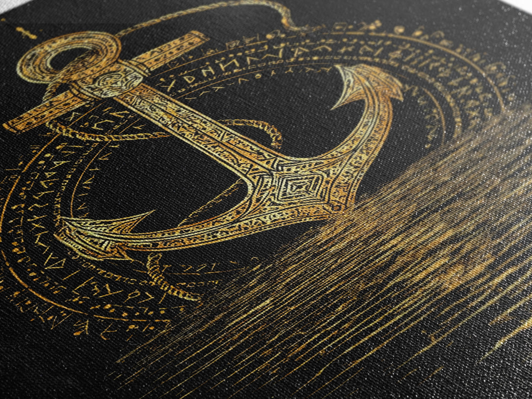 Norse Anchor with Runes Canvas Gold Art Canvas Art Viking Decor for Dad Gift or Office Wall, framed in real wood design
