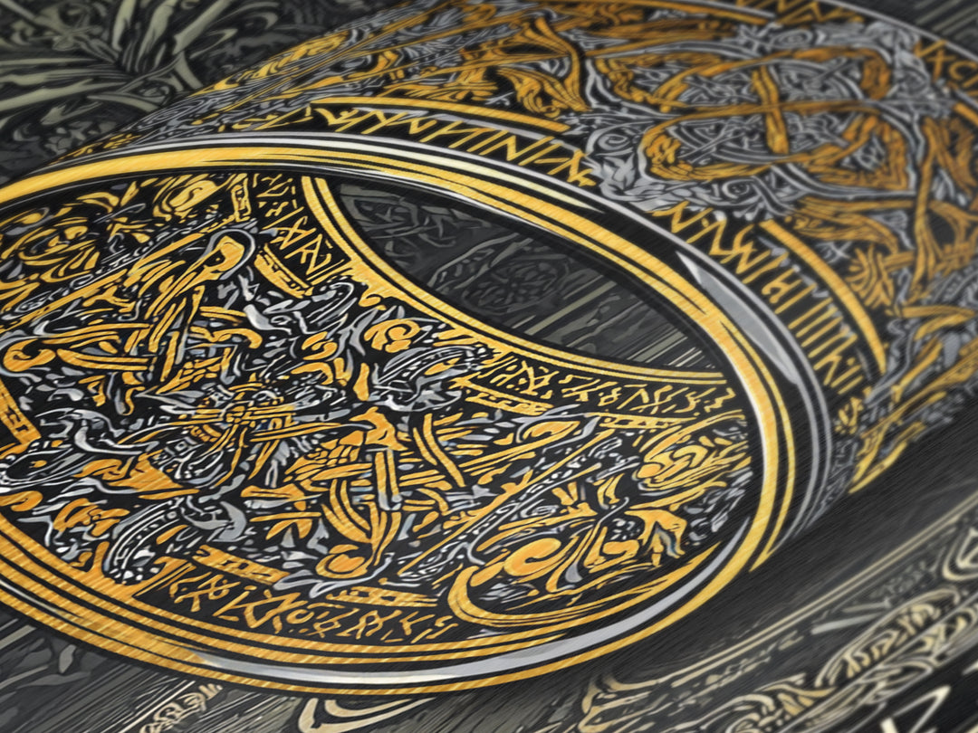 Metallic Gold Art Ornate Norse Ring Metal Art – Nordic Mythology Viking Jewelry Wall Art, Unique Dad Gift framed with natural wood