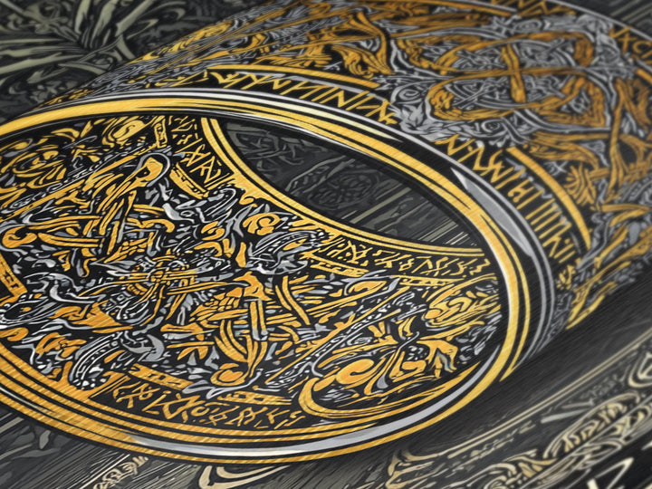 Metallic Gold Art Ornate Norse Ring Metal Art – Nordic Mythology Viking Jewelry Wall Art, Unique Dad Gift framed with natural wood