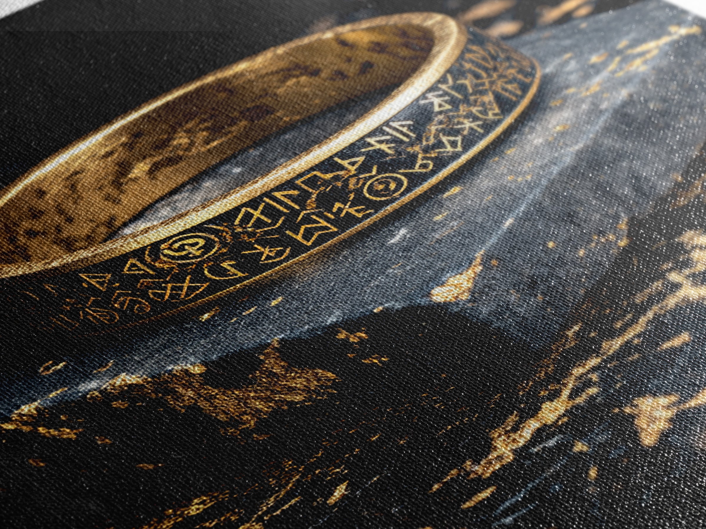 Norse Rune Ring Canvas Gold Art Canvas Art – Viking Jewelry Inspired Office Wall Art, Nordic Man Cave Decor framed in wood frame