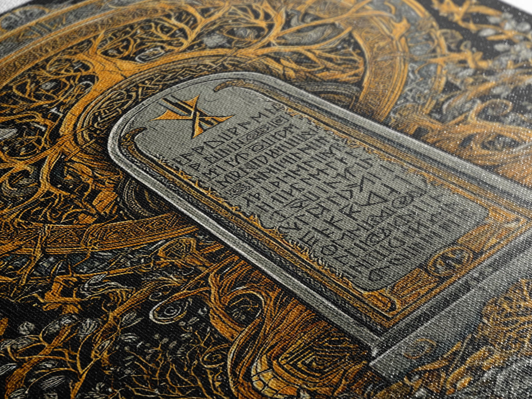 Runestone Engraved with Ancient Runes Canvas Gold Art, Nordic Mythology Canvas Art framed in real wood, Man Cave or Office Decor