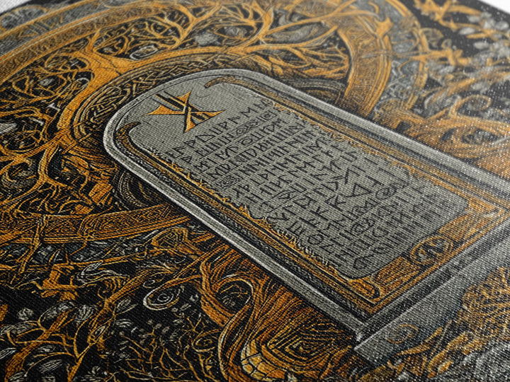 Runestone Engraved with Ancient Runes Canvas Gold Art, Nordic Mythology Canvas Art framed in real wood, Man Cave or Office Decor
