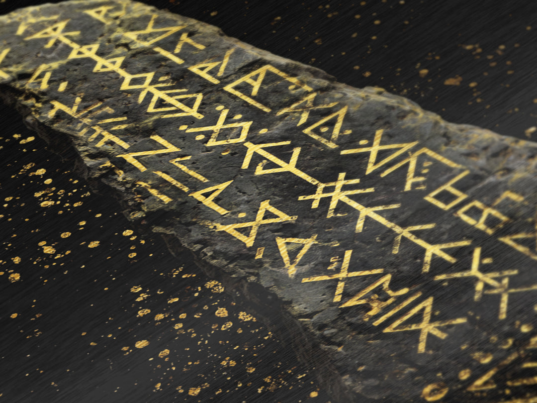 Golden Norse Rune Stone Metallic Gold Art, Mythology Inspired Viking Metal Art framed in real wood, Office Art or Man Cave Accent