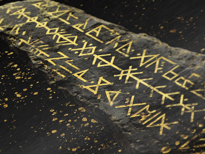 Golden Norse Rune Stone Metallic Gold Art, Mythology Inspired Viking Metal Art framed in real wood, Office Art or Man Cave Accent