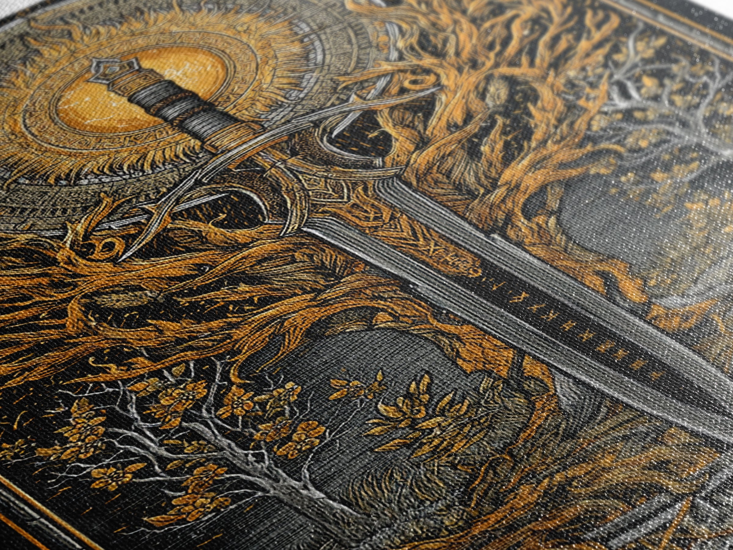Viking Spear and Sacred Sun Canvas Gold Art, Nordic Weapon Canvas Art framed in natural wood, Bold Man Cave Decor or Office Wall Art