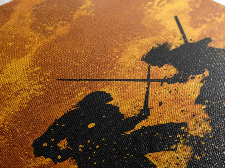 Viking Army Fight Scene Canvas Gold Art, Nordic Mythology Battle Canvas Art framed in natural wood, Bold Wall Decor for Men