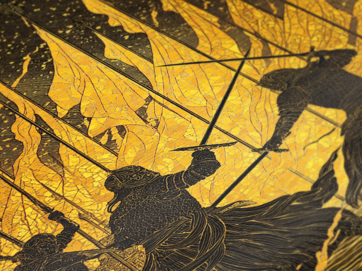 Warriors Clash in Fiery Nordic Battle Metallic Gold Art, Viking Combat Metal Art framed with real wood, Man Cave Office Wall Accent