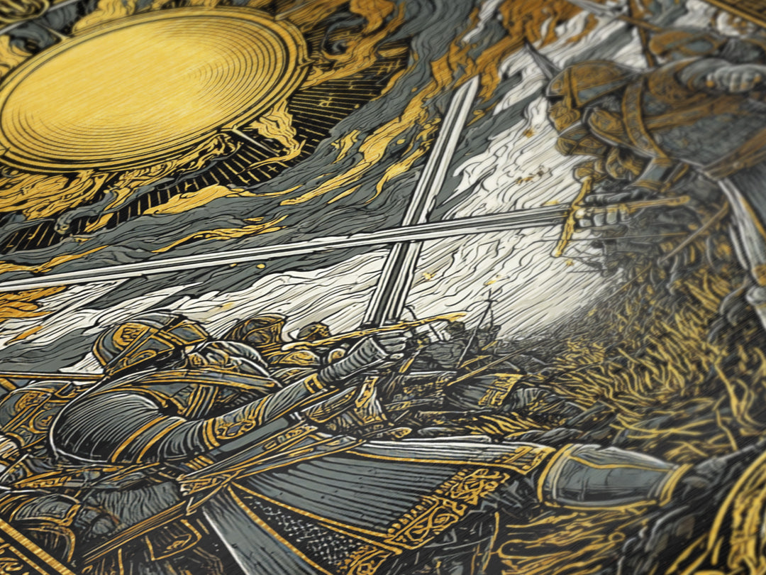 Nordic Mythology Battlefield Metallic Gold Art, Viking Warriors Metal Art with natural wood frame, Strong Office Decor or Dad Gift