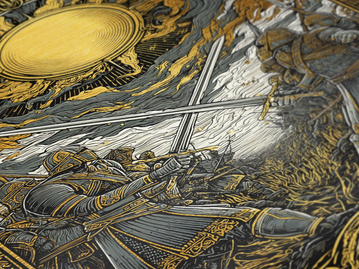 Nordic Mythology Battlefield Metallic Gold Art, Viking Warriors Metal Art with natural wood frame, Strong Office Decor or Dad Gift