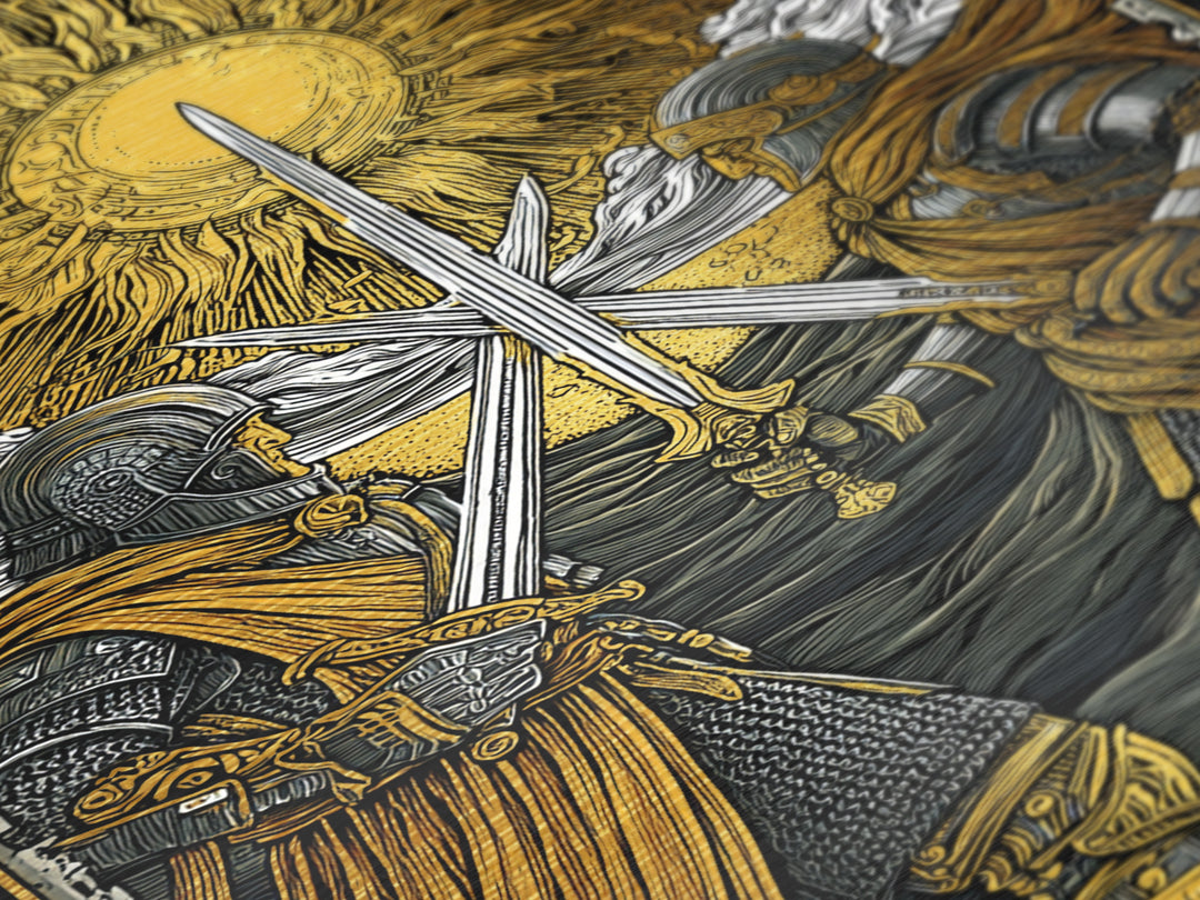 Norse Warriors in Battle Metallic Gold Art, Viking Metal Art with real wood frame, Perfect for Man Cave, Office Wall Art, or Dad Gift