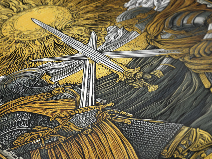 Norse Warriors in Battle Metallic Gold Art, Viking Metal Art with real wood frame, Perfect for Man Cave, Office Wall Art, or Dad Gift