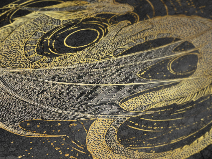 Nordic Dragon Metallic Gold Art, Viking Mythology Metal Art for Man Cave or Office, framed in natural real wood for dad gift