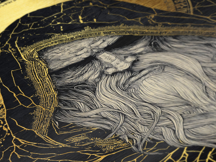 Norse God Odin Metallic Gold Art, Viking Mythology Metal Art in natural wood frame, powerful Nordic wall art for office or man cave