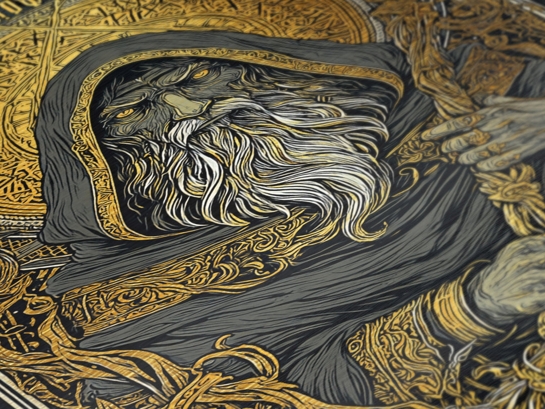 Viking Odin Metallic Gold Art, Nordic Mythology Metal Art with real wood frame, masculine office wall art or unique Norse gift for dad