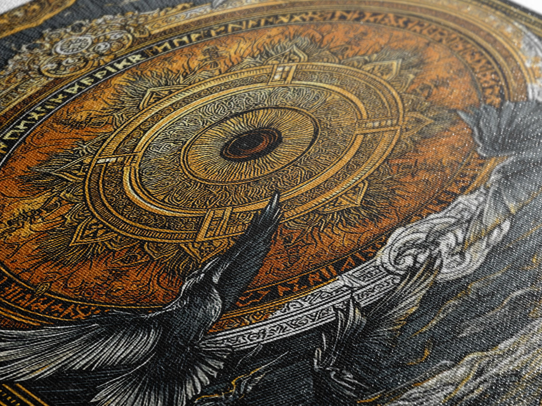 Huginn and Muninn Canvas Gold Art, Odin’s Ravens Norse Mythology Canvas Art in real wood frame, Nordic office or man cave wall decor