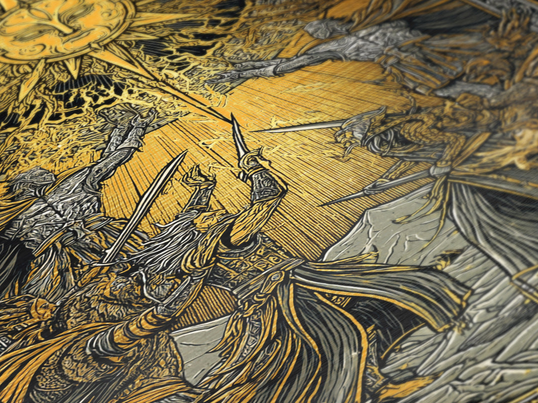 Ragnarök Battle Metallic Gold Art, Viking Apocalypse Norse Myth Metal Art in real wood frame, Nordic wall art for man cave or office