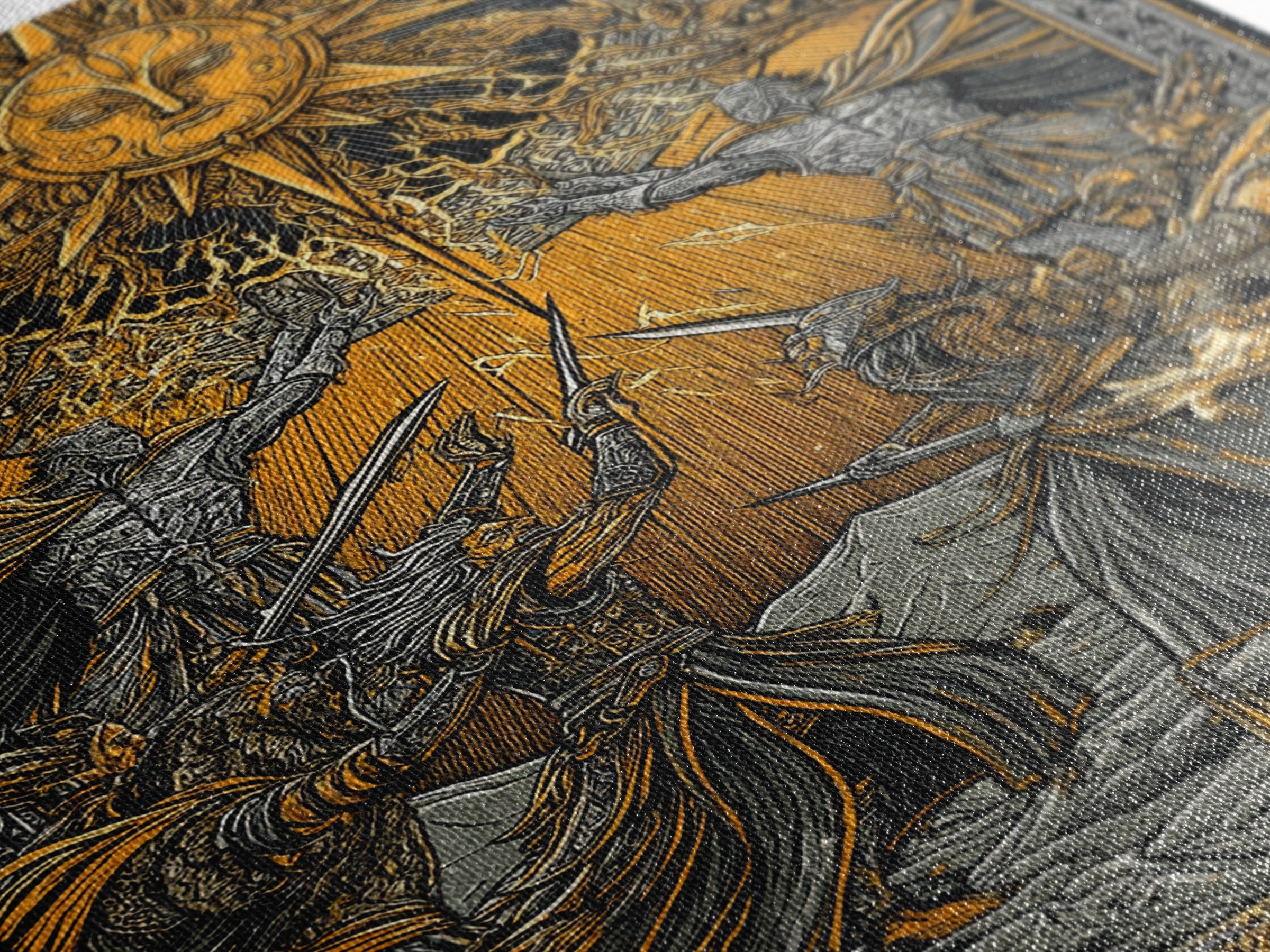 Ragnarök Battle Canvas Gold Art, Viking Apocalypse Norse Myth Canvas Art in real wood frame, Nordic wall art for man cave or office