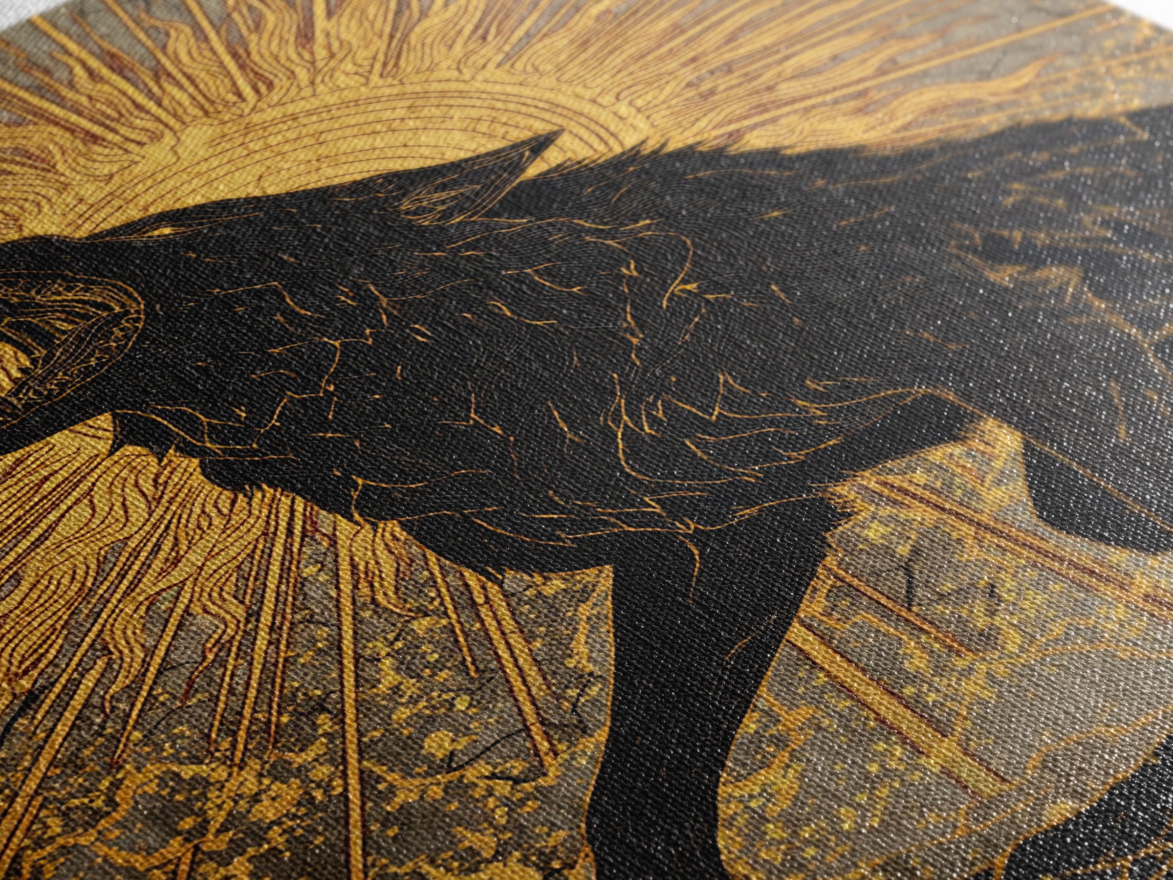 Nordic Fenrir Wolf Canvas Art, Canvas Gold Art with Norse Mythology Sun Chaser Wolf, Man Cave Decor framed in authentic wood