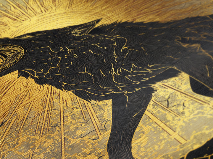 Nordic Fenrir Wolf Metal Art, Metallic Gold Art with Norse Mythology Sun Chaser Wolf, Man Cave Decor framed in authentic wood
