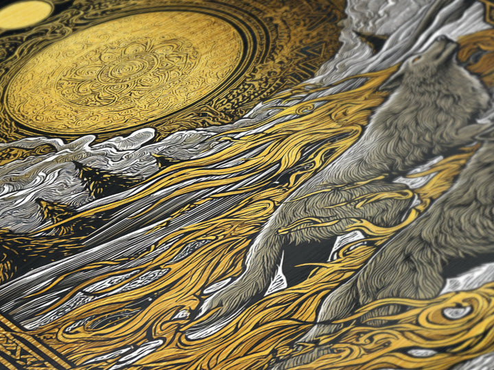 Sköll and Hati Wolves Norse Mythology Art, Metallic Gold Art and Metal Art, Viking Wolf Chasing Sun and Moon framed in wood